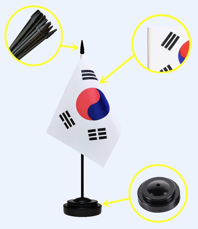 tibijoy South Korea Korean Deluxe Desk Flag Set Small Mini Miniature South Korea Korean Table Desktop Flags With Solid Pole, Black Base and Spear Top(2 Pack) - Image 2